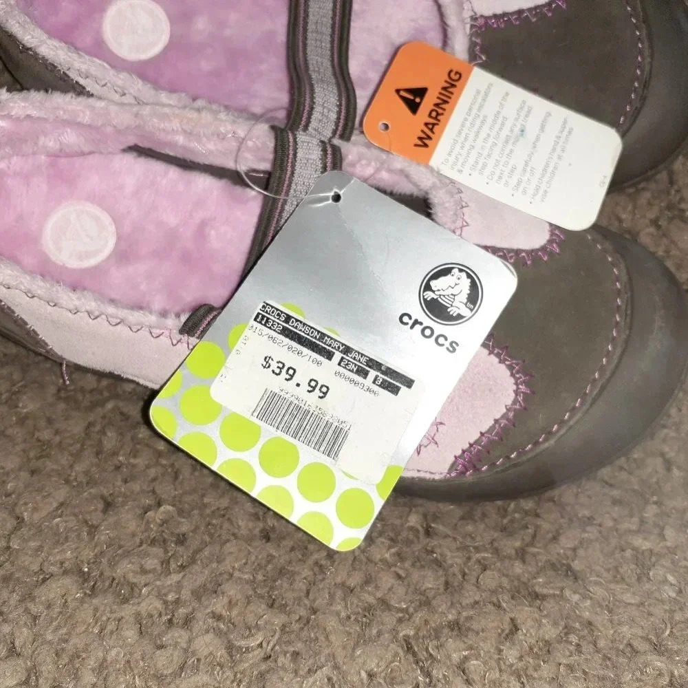 CROCS-Dawson Mary Jane Girl’s Shoes-Brown/Pink Suede-Faux Fur Lined-Size J3-NWT - Picture 7 of 8